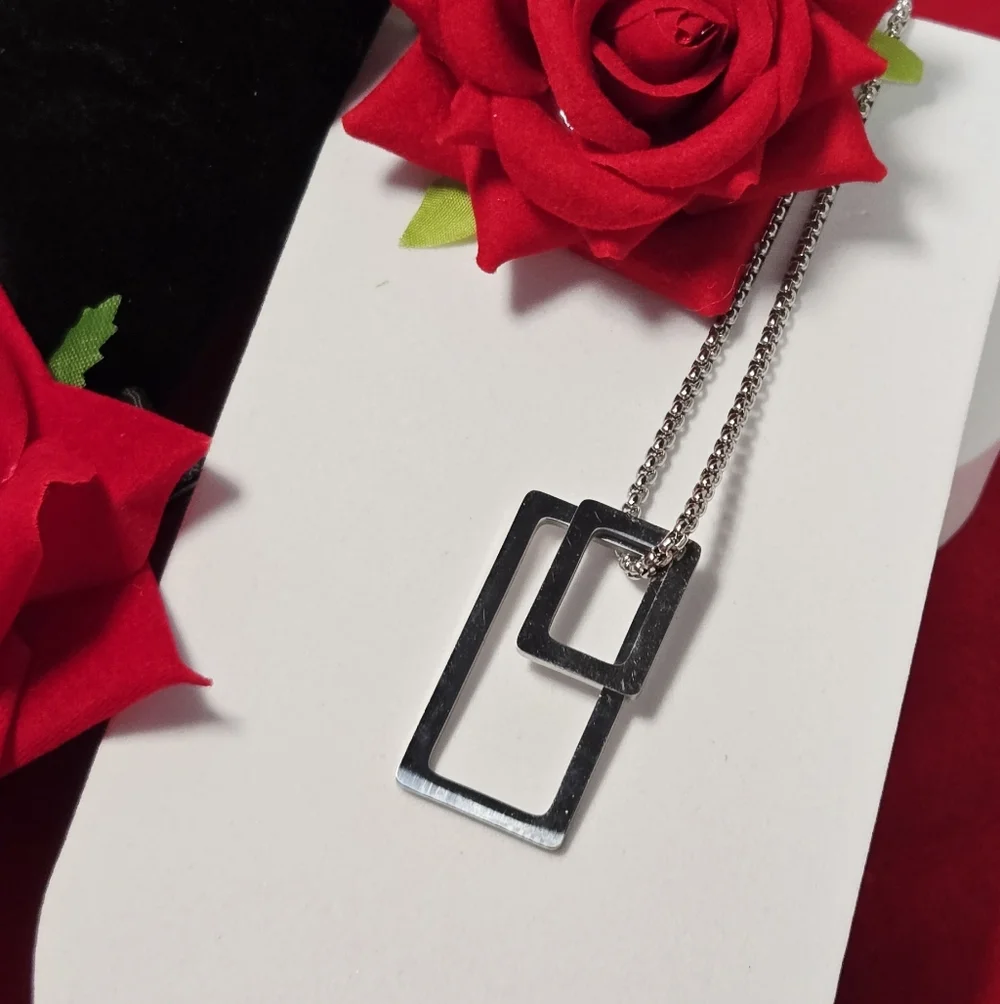 Silver Geometric Rectangle Pendant Necklace Stainless Steel Unisex 24